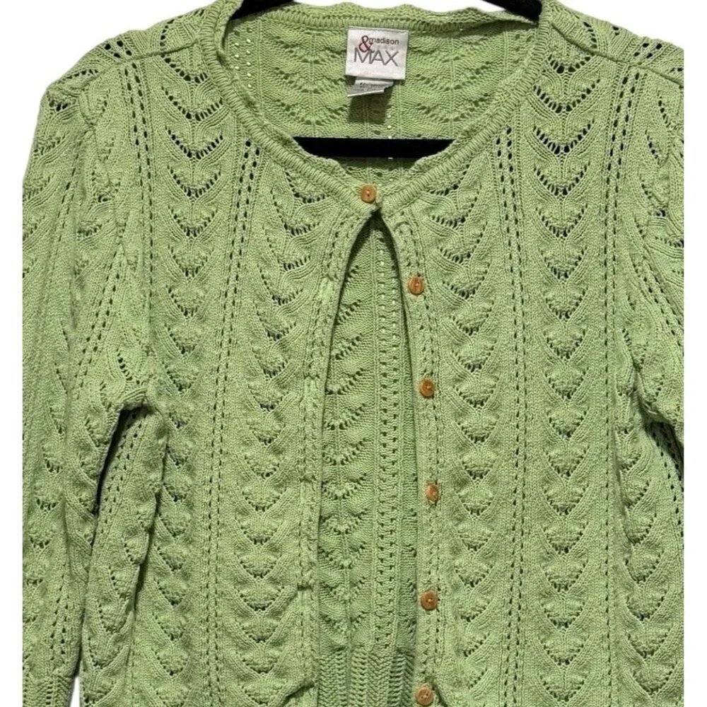 Y2K Cropped Apple Green Open Pointelle Knit Womens Cardigan Sweater Size Small